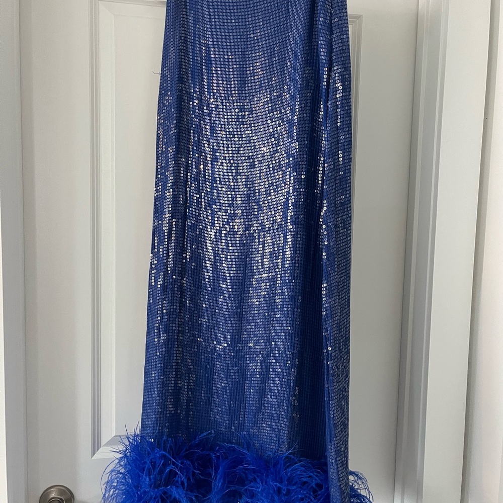 Elegant Blue Maxi Skirt with Feather Detail